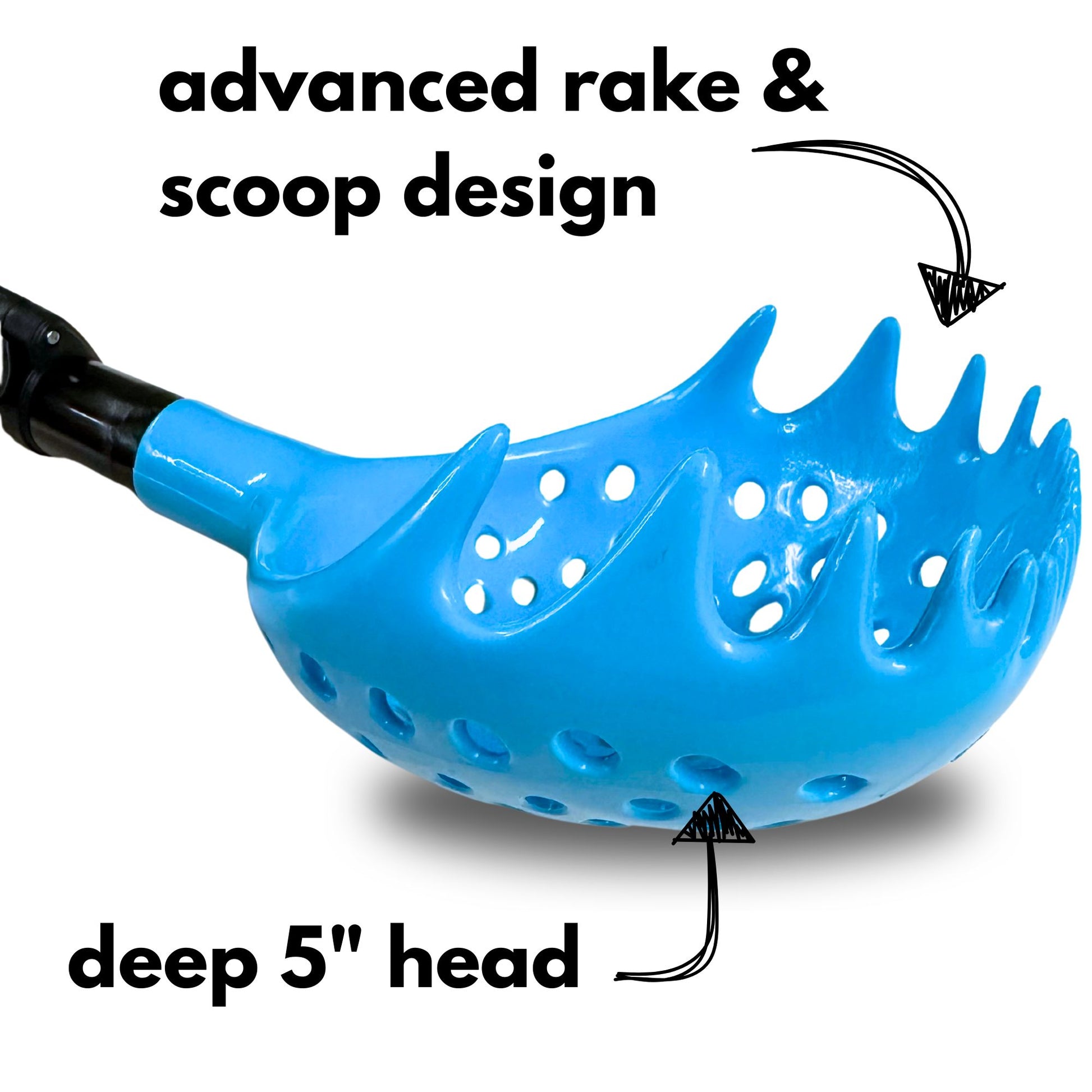 Blue scoop with text highlighting 'advanced rake & scoop design' and 'deep 5" head' on a white background