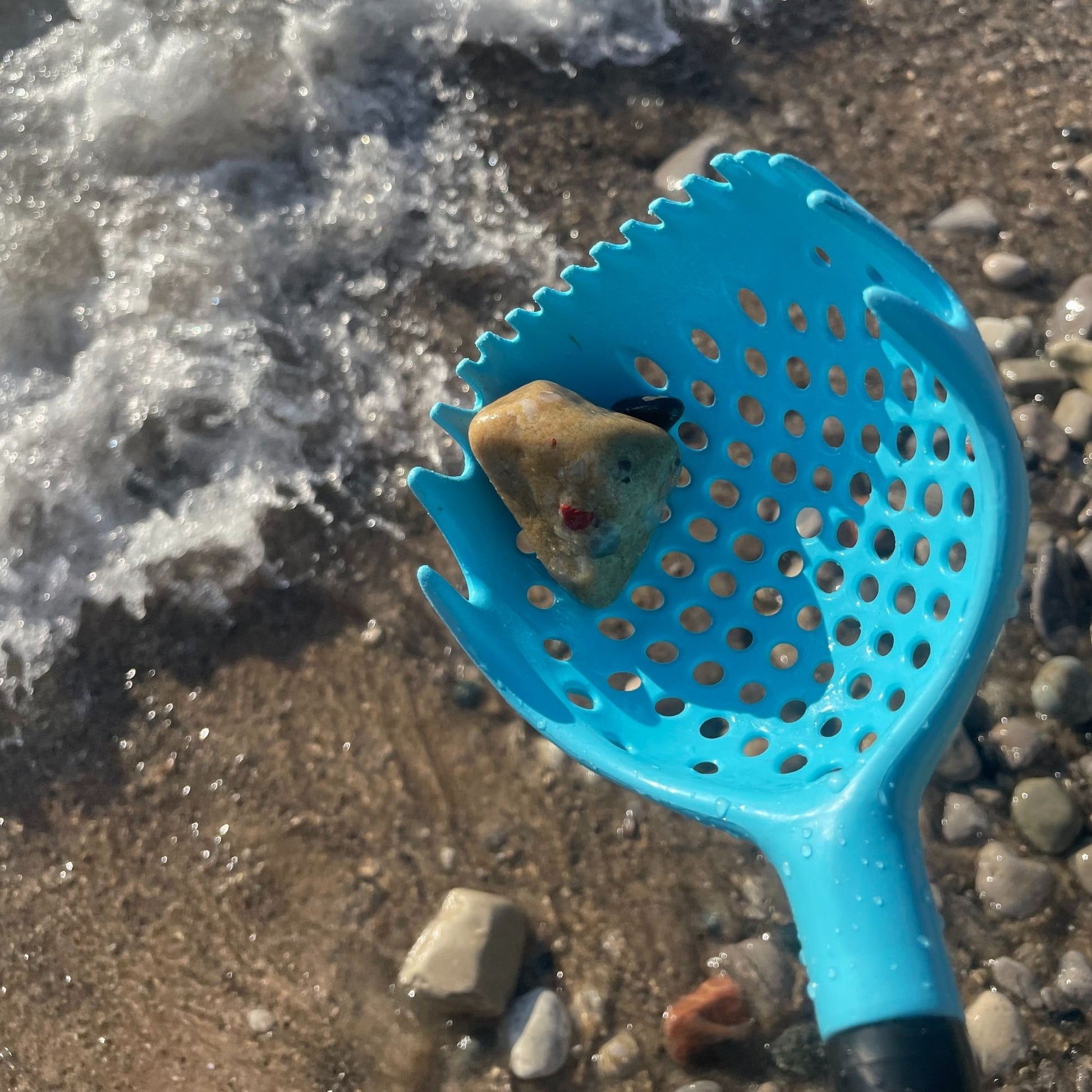 blue rock scoop for rock hunters with stone inside